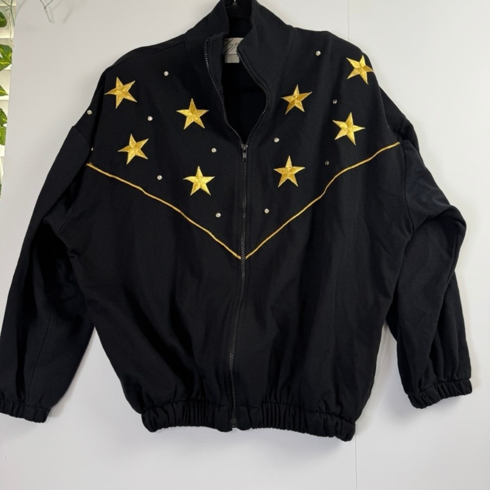 Vintage Club Zodiac Los Angeles Black Gold Star Rhinestone Bomber Jacket Large